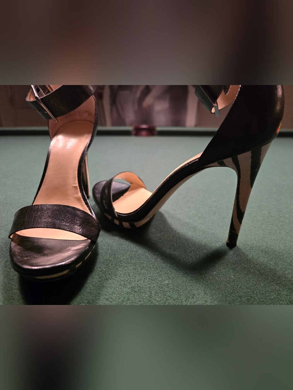 Black High Heel Ankle Strap Sandals with Zebra-Accent Platform And  Heel